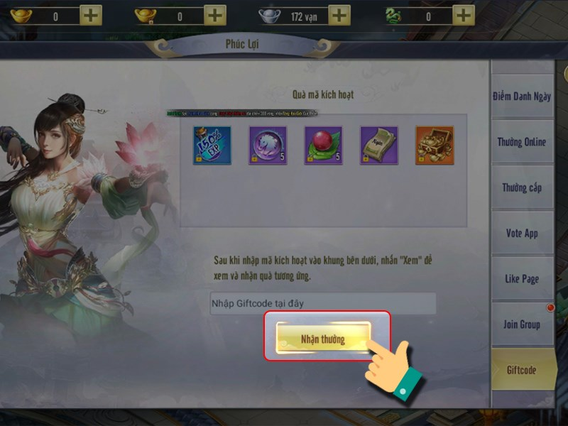 Hãy nhấn Nhận thưởng để nhận các phần thưởng giá trị trong game