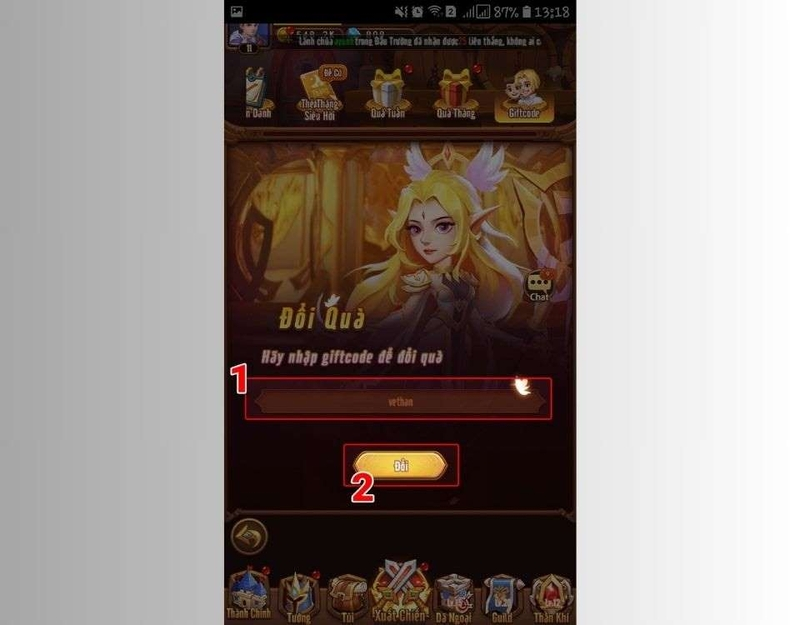 Nhập mã Giftcode Vệ Thần Arena vào ô trống và bấm Đổi