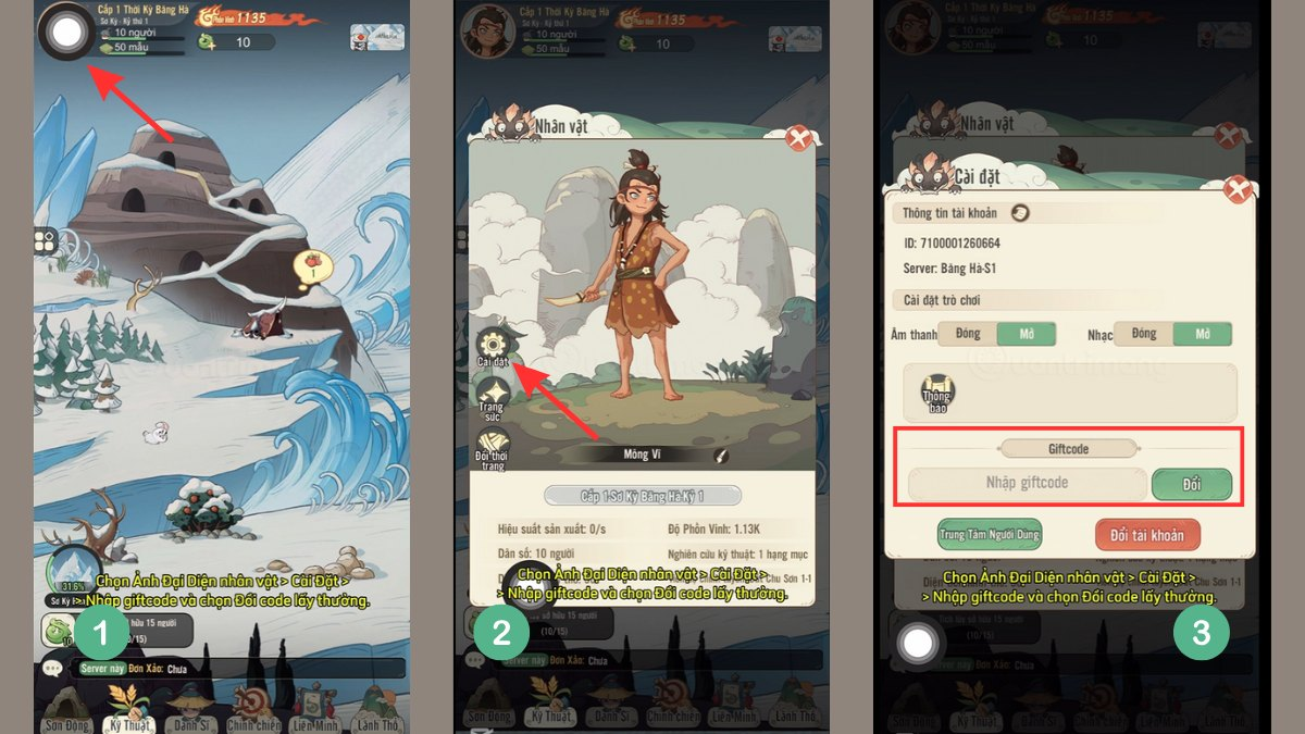 Chọn vào biểu tượng Avatar nhân vật, chọn vào biểu tượng bánh răng, nhập mã Giftcode Big Bang Thời Không vào ô trống và bấm Đổi