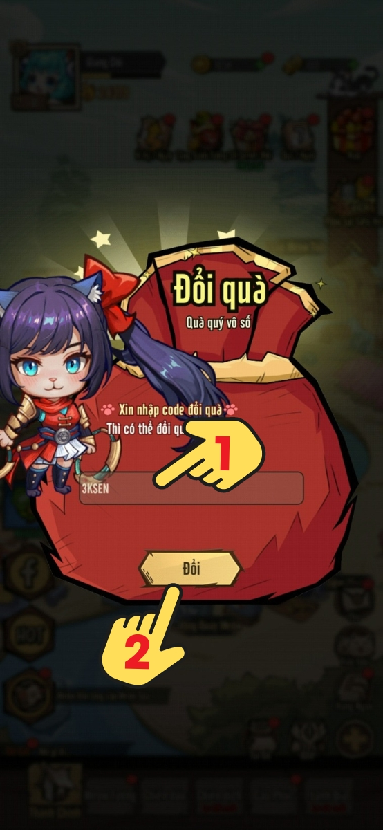 Nhập mã Giftcode Meow Sen Ơi Đừng Sợ vào ô trống và bấm Đổi