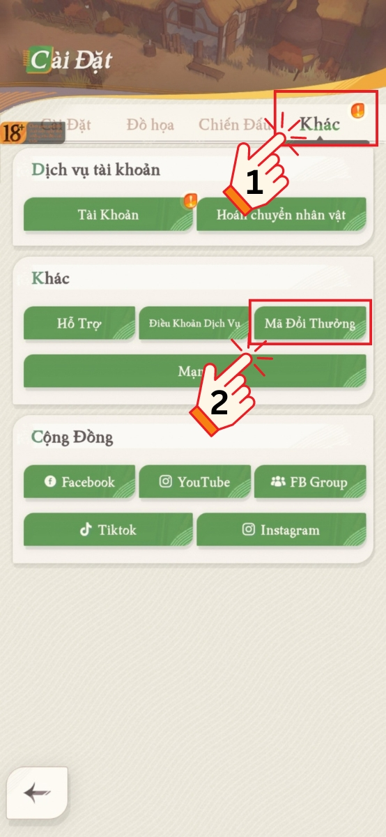 Tiếp theo hãy chọn Khác, sau đó chọn vào mục Mã Đổi Thưởng trong cửa sổ Cài Đặt