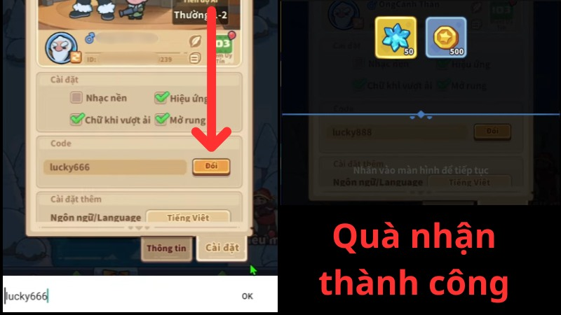 Nhập mã Giftcode Tiểu Tuyết Lĩnh Chủ vào ô trống và bấm Đổi