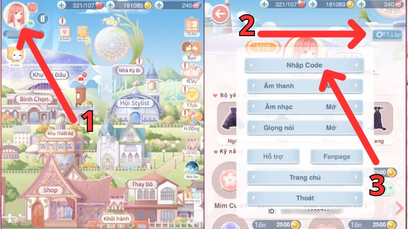 Chọn vào Avatar nhân vật. Sau đó chọn mục Thiết lập và chọn vào ô Nhập Code