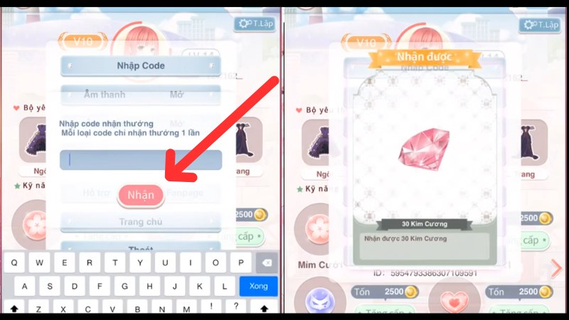 Nhập mã Giftcode Ngôi Sao Thời Trang và bấm Nhận. Khi nhập code thành công, màn hình hiện thông báo nhận thưởng