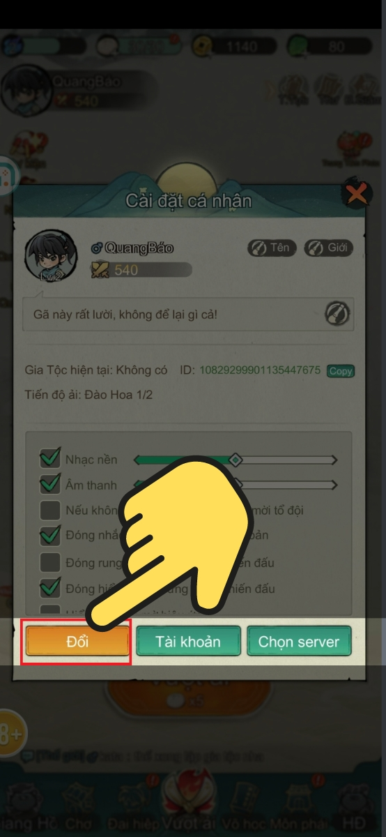 Truy cập mục Đổi trong cửa sổ mục Cài đặt cá nhân