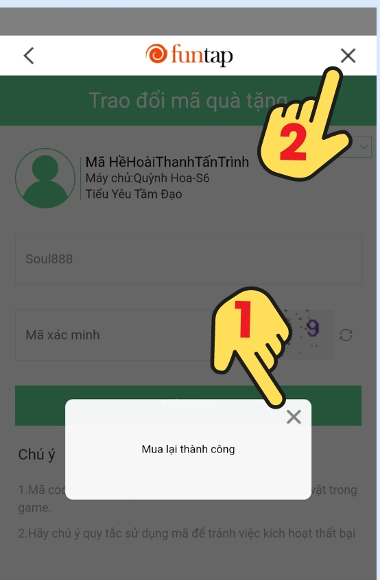 Màn hình sẽ hiển thị thông báo Mua lại thành công