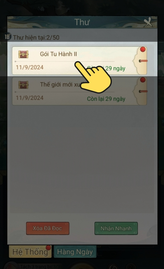 Chọn vào Thư thông báo