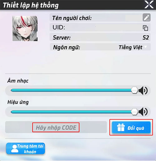 Nhập mã Giftcode Thiếu Nữ Scarlet vào ô trống và nhấn Đổi quà
