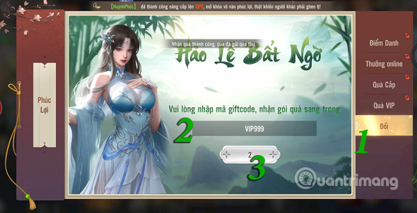 Chọn mục Đổi và nhập mã Giftcode Huyền Ảnh Võ Lâm vào ô trống và bấm Đổi