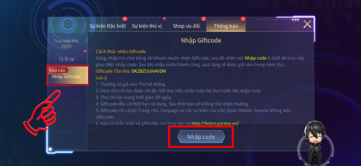 Hãy tìm và chọn vào mục Nhập Giftcode và chọn Nhập code