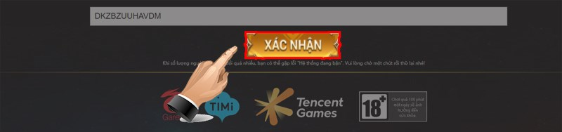 Nhập mã Giftcode Liên Quân Mobile vào ô trống và bấm XÁC NHẬN