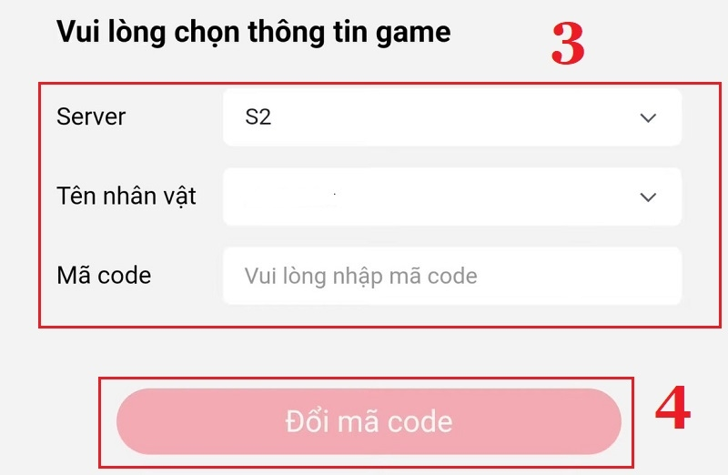 Nhập thông tin đầy đủ vào khung thông tin, và nhập mã Giftcode Tam Quốc: Chiến Địa Vô Cương, sau đó nhấn Đổi mã code