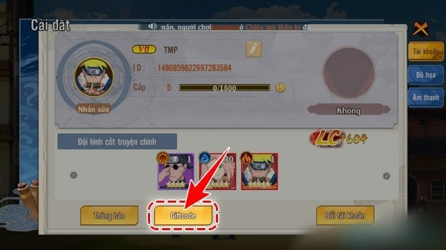 Chọn vào mục Giftcode ở cửa sổ Cài đặt