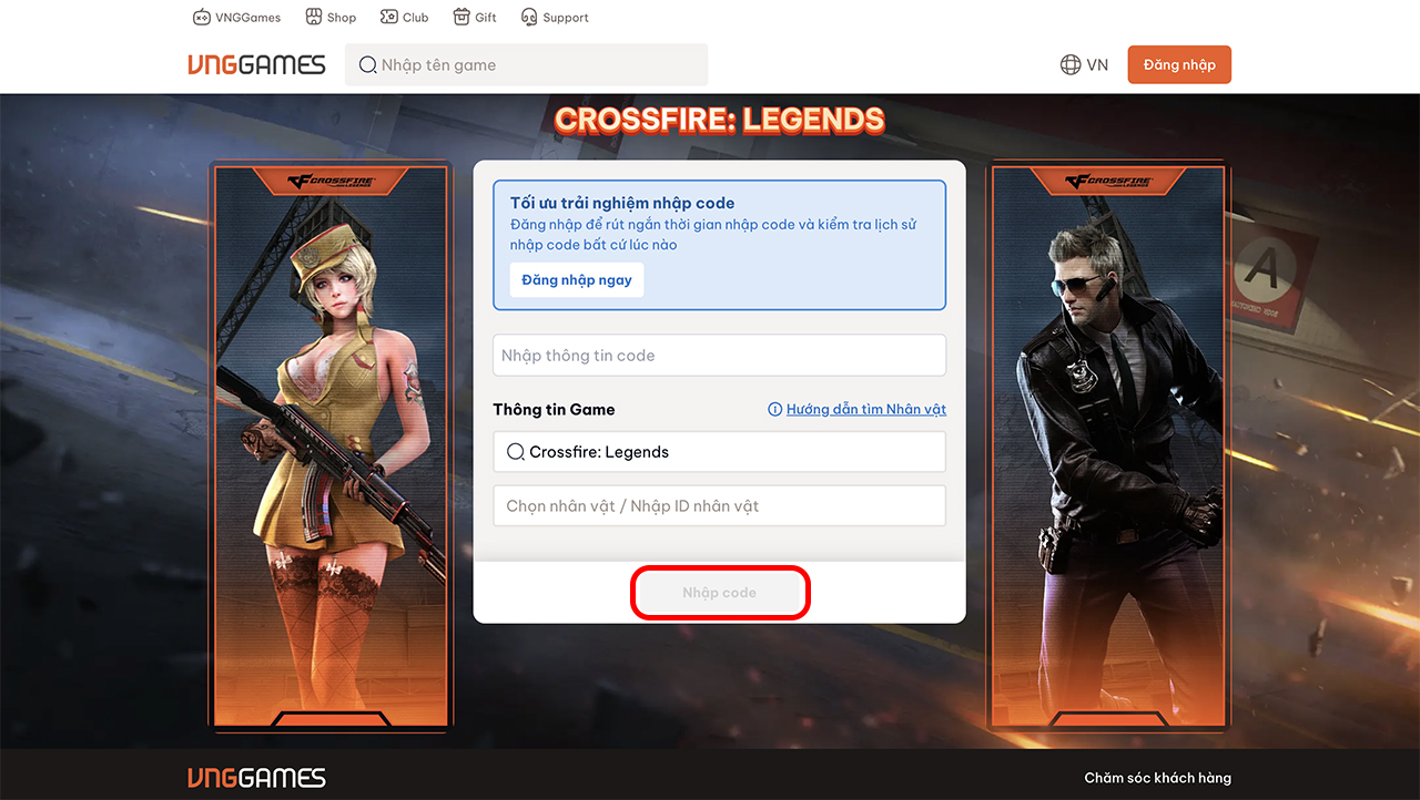 Điền đầy đủ thông tin code Crossfire Legends Mobile, ID nhân vật và chọn vào Nhập code