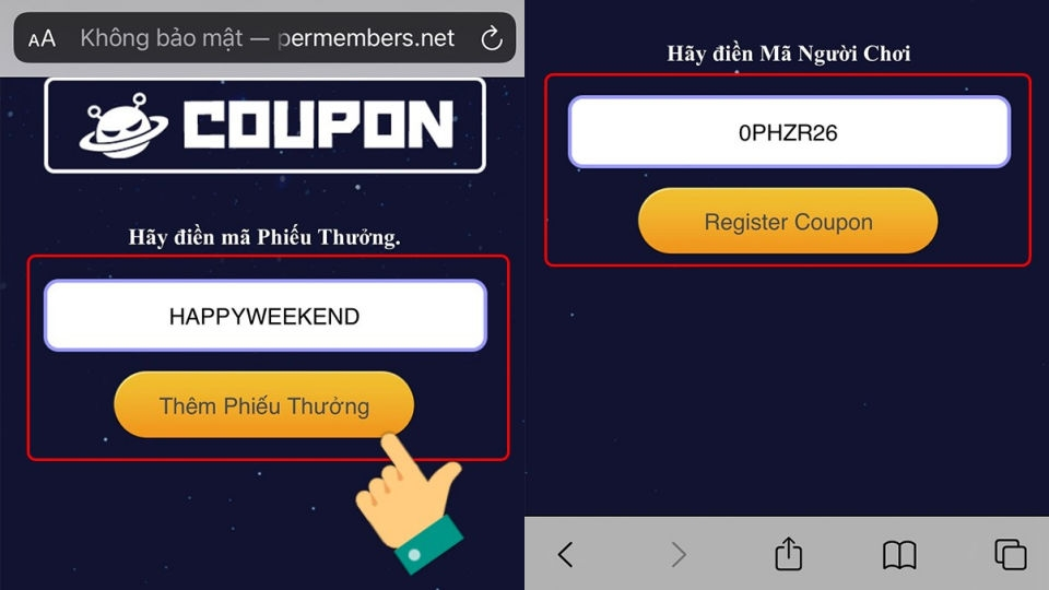 Nhập mã Giftcode Evil Hunter Tycoon và nhấn Thêm Phiếu Thưởng. Chọn trò chơi và dán mã trò chơi rồi nhấn Register Coupon