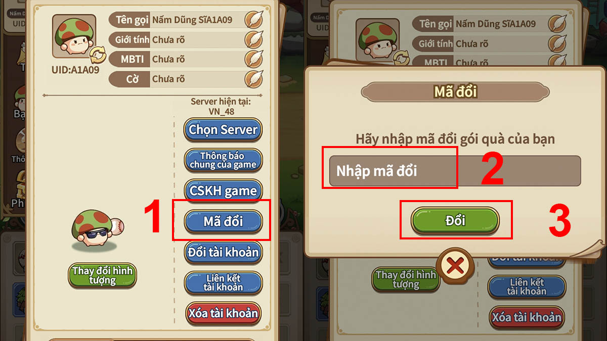 Truy cập mục Mã Đổi và nhập mã code Nấm Lùn Tiến Lên, sau đó bấm Đổi