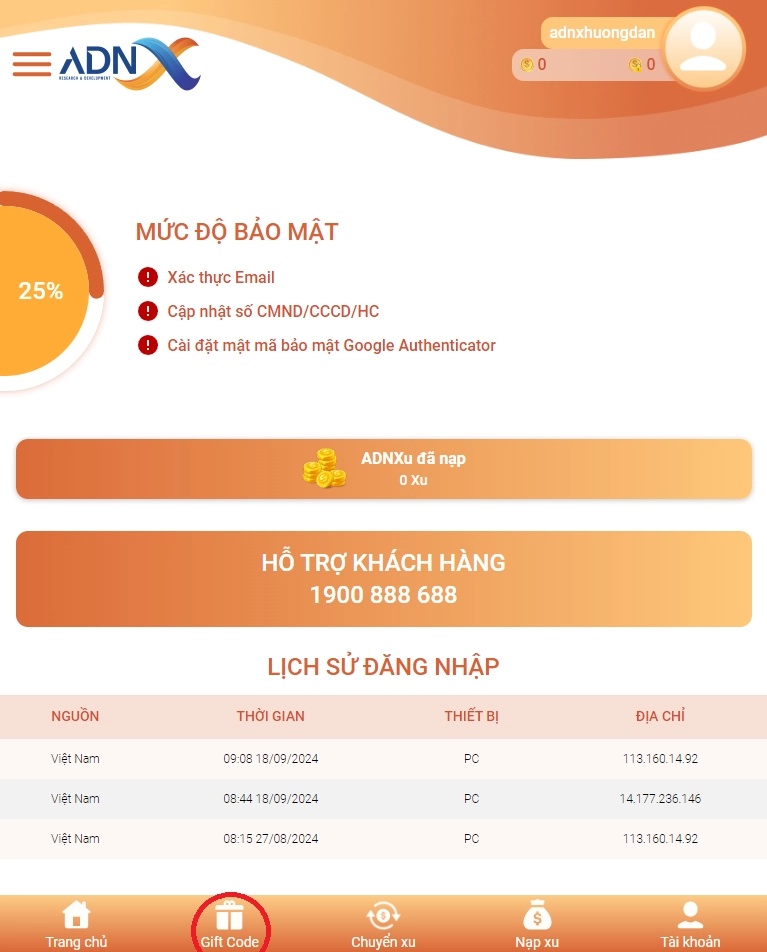 Truy cập mục Giftcode