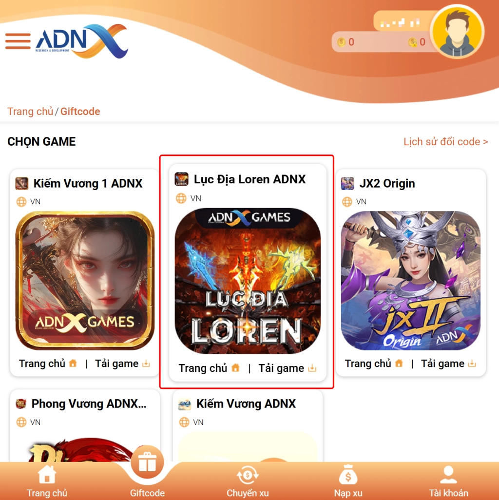 Chọn vào hình ảnh tựa game Lục Địa Loren ADNX