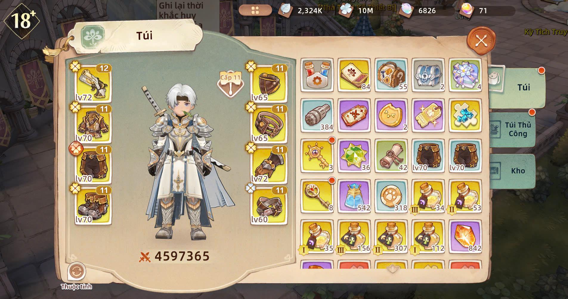 Giao diện quản lý trang bị và vật phẩm nhân vật Tree of Savior: Neverland