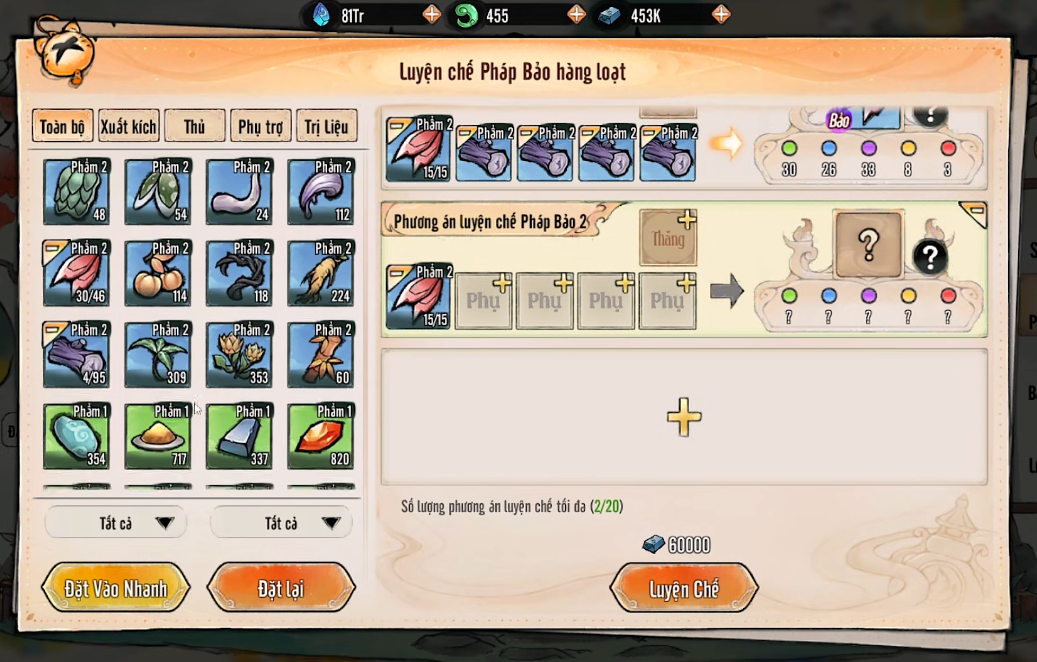Giao diện tính năng Luyện chế Pháp Bảo hàng loạt trong game Ta Làm Tông Sư Trong Tiên Môn, hiển thị danh sách nguyên liệu và các phương án đúc trang bị