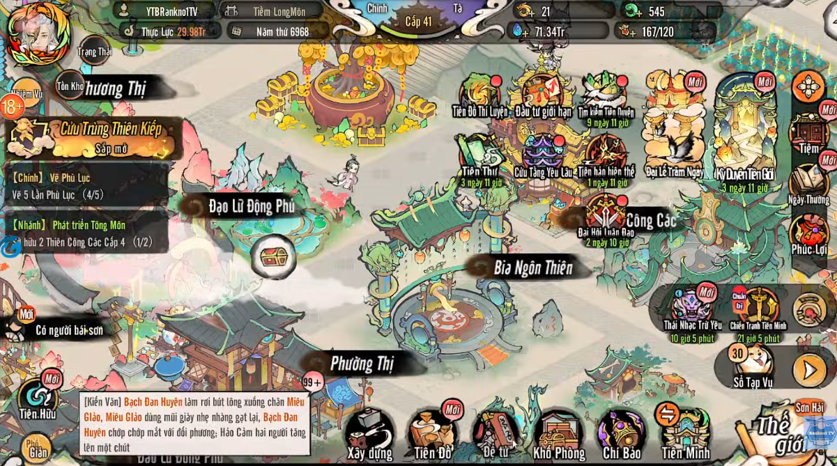 Giao diện chính của game Ta Làm Tông Sư Trong Tiên Môn hiển thị sơ đồ tông môn với các kiến trúc như Phương Thị, Công Các, Bia Ngôn Thiên và hệ thống nhiệm vụ