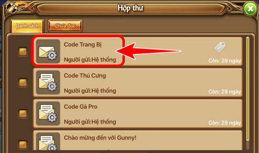 Chọn vào phần thư nhận được từ việc nhập code (Code Trang Bị)