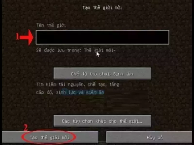 Mở Minecraft và chọn chế độ Survival (Sinh tồn), nhấn “Create World” (Tạo thế giới mới) để bắt đầu