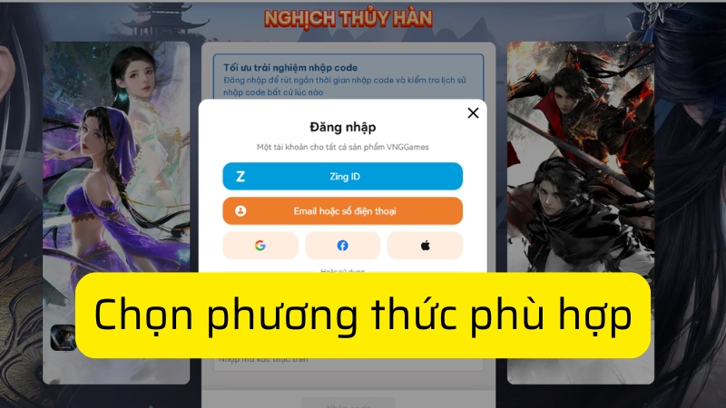 Chọn phương thức đăng nhập để đăng nhập vào game