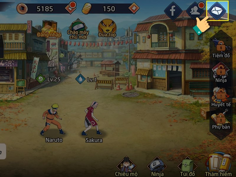 Hãy đăng nhập vào game Huyền Thoại Nhẫn Giả và chọn vào biểu tượng lá thư