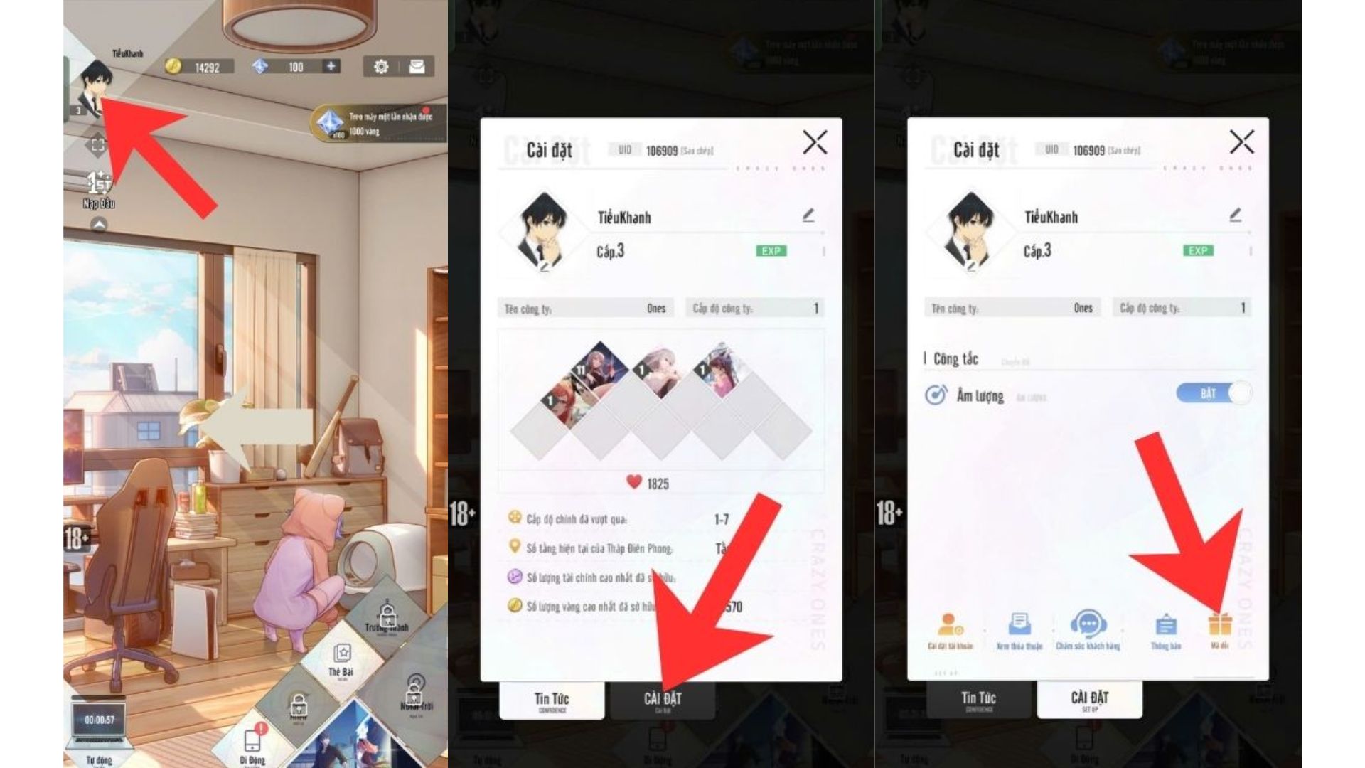 Chọn vào Avatar nhân vật. Truy cập mục Cài Đặt và chọn vào mục Mã Đổi