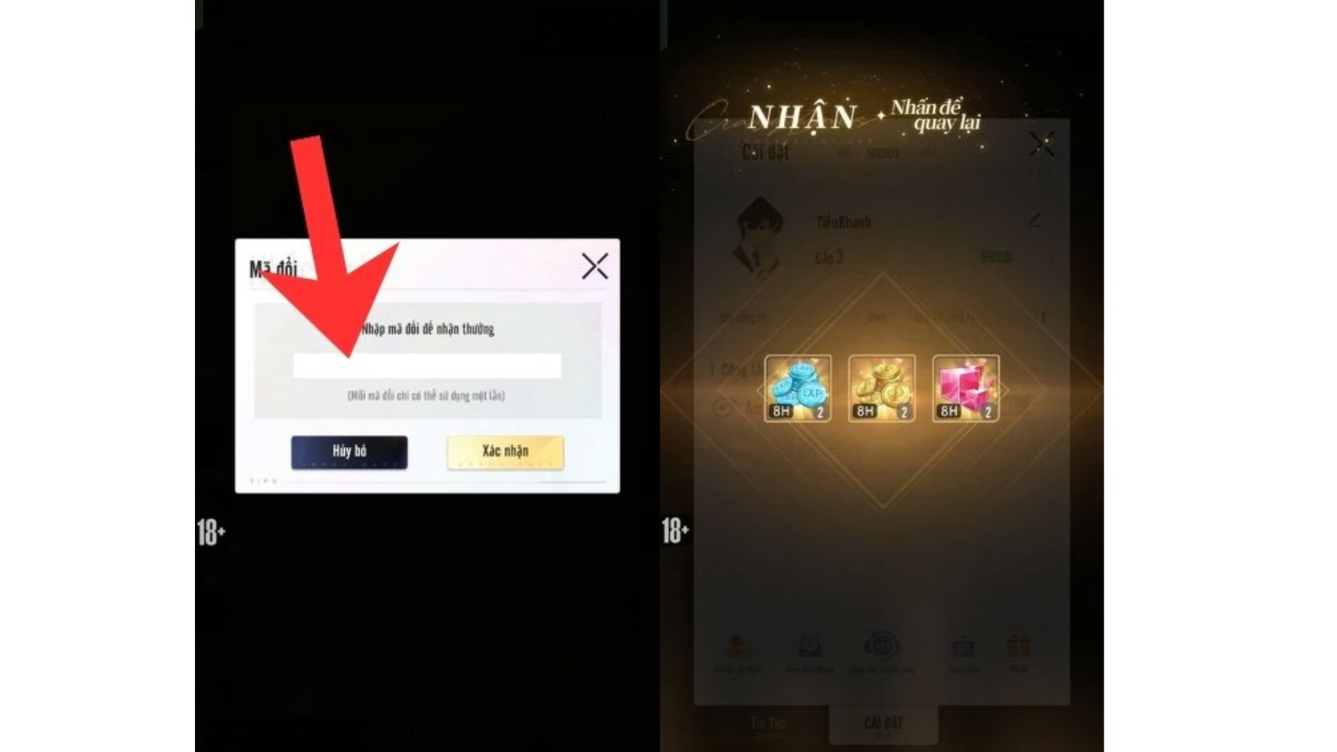 Nhập mã Giftcode Mã Lệnh Tình Yêu vào ô trống và bấm Xác nhận. Phần thưởng sẽ xuất hiện trên màn hình