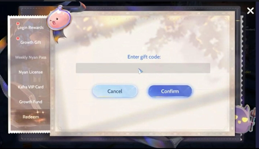 Truy cập mục Redeem và nhập giftcode Ragnarok Origin. Sau đó nhấn Confirm