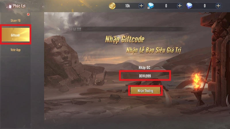 Chọn vào mục Giftcode và nhập mã Giftcode Atlan Origin: Lục Địa Trỗi Dậy vào ô trống và bấm Nhận Thưởng