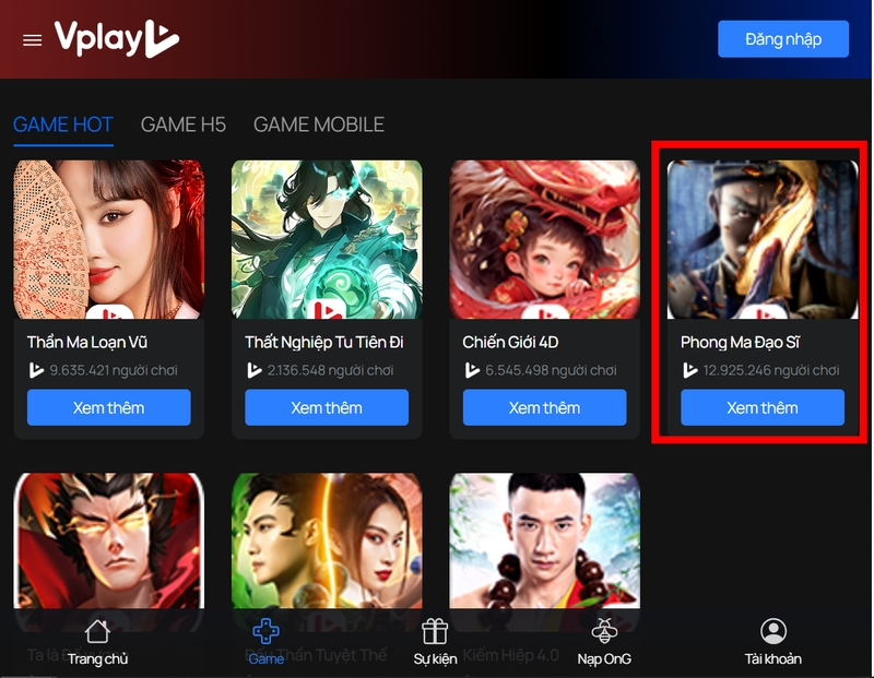 Đăng nhập vào website của Vplay và truy cập vào game Phong Ma Đạo Sĩ