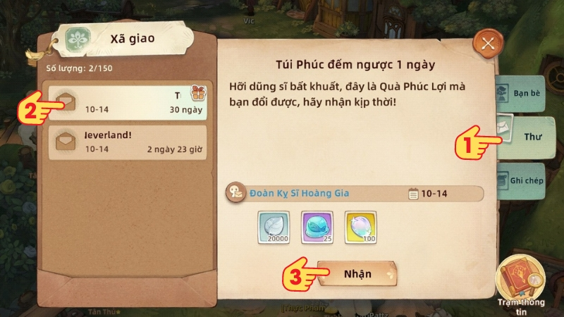 Chọn mục Thư (biểu tượng hộp quà) và bấm vào Nhận