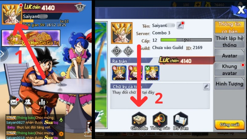 Chọn vào Avatar góc trái màn hình, chọn vào mục Giftcode