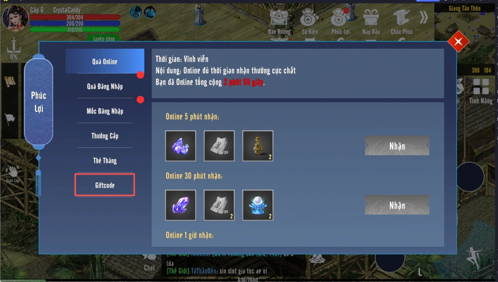 Truy cập mục Giftcode