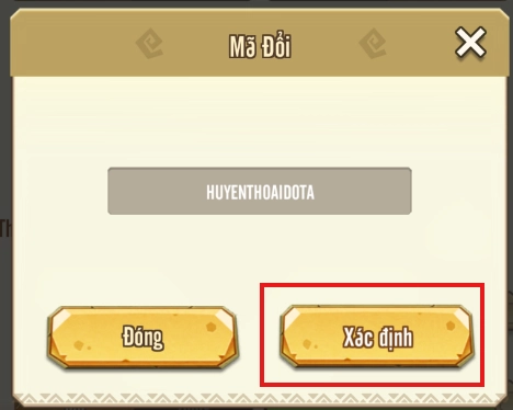 Nhập mã Giftcode Huyền Thoại Dota (DT) và bấm Xác định