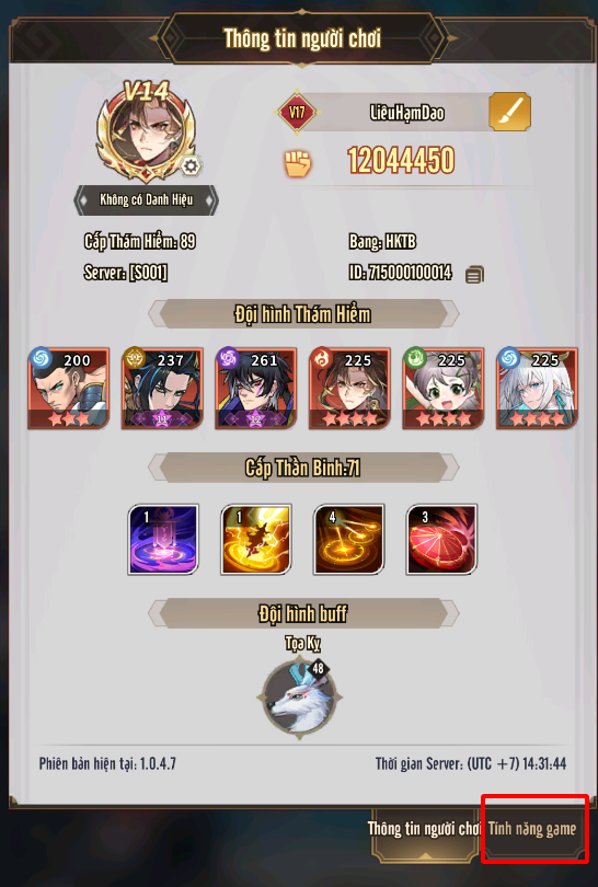 Chọn vào mục Tính Năng Game
