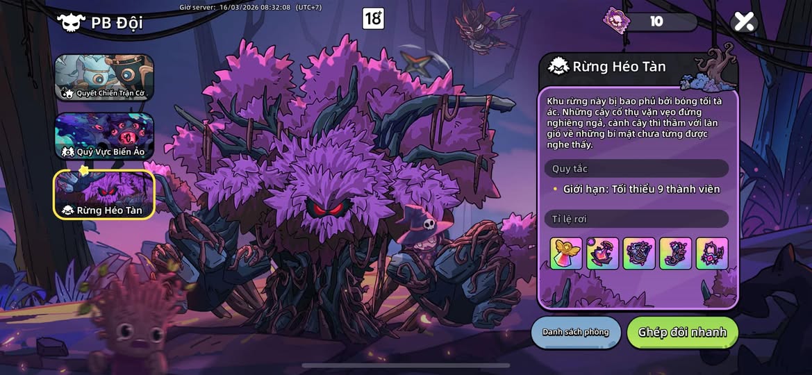 Hình ảnh giao diện trong game Vùng Đất Anh Hùng OEG và ải Rùng Héo Tàn