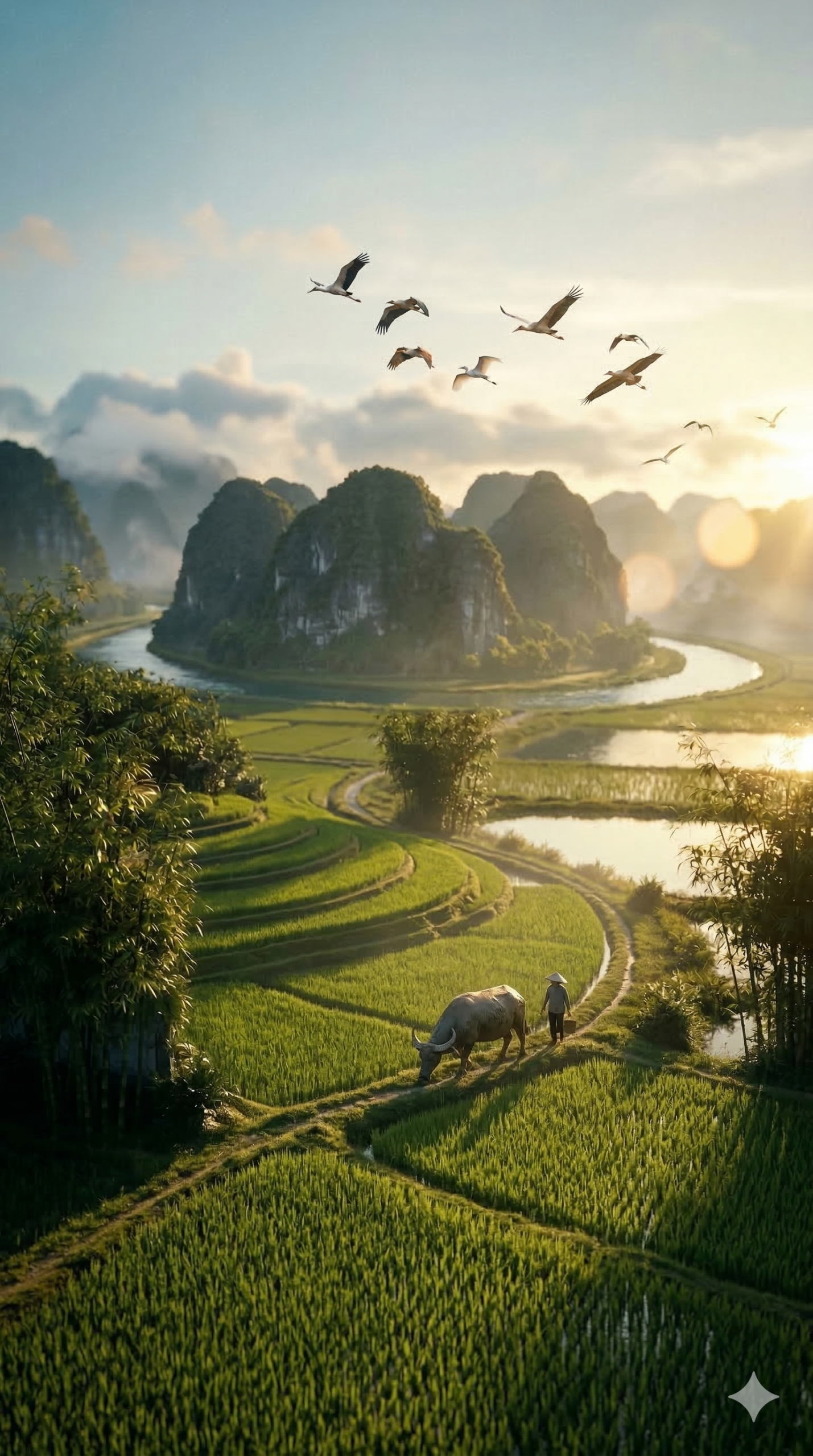 Khung cảnh làng quê Việt Nam với đồng lúa xanh mướt và cánh chim chao nghiêng