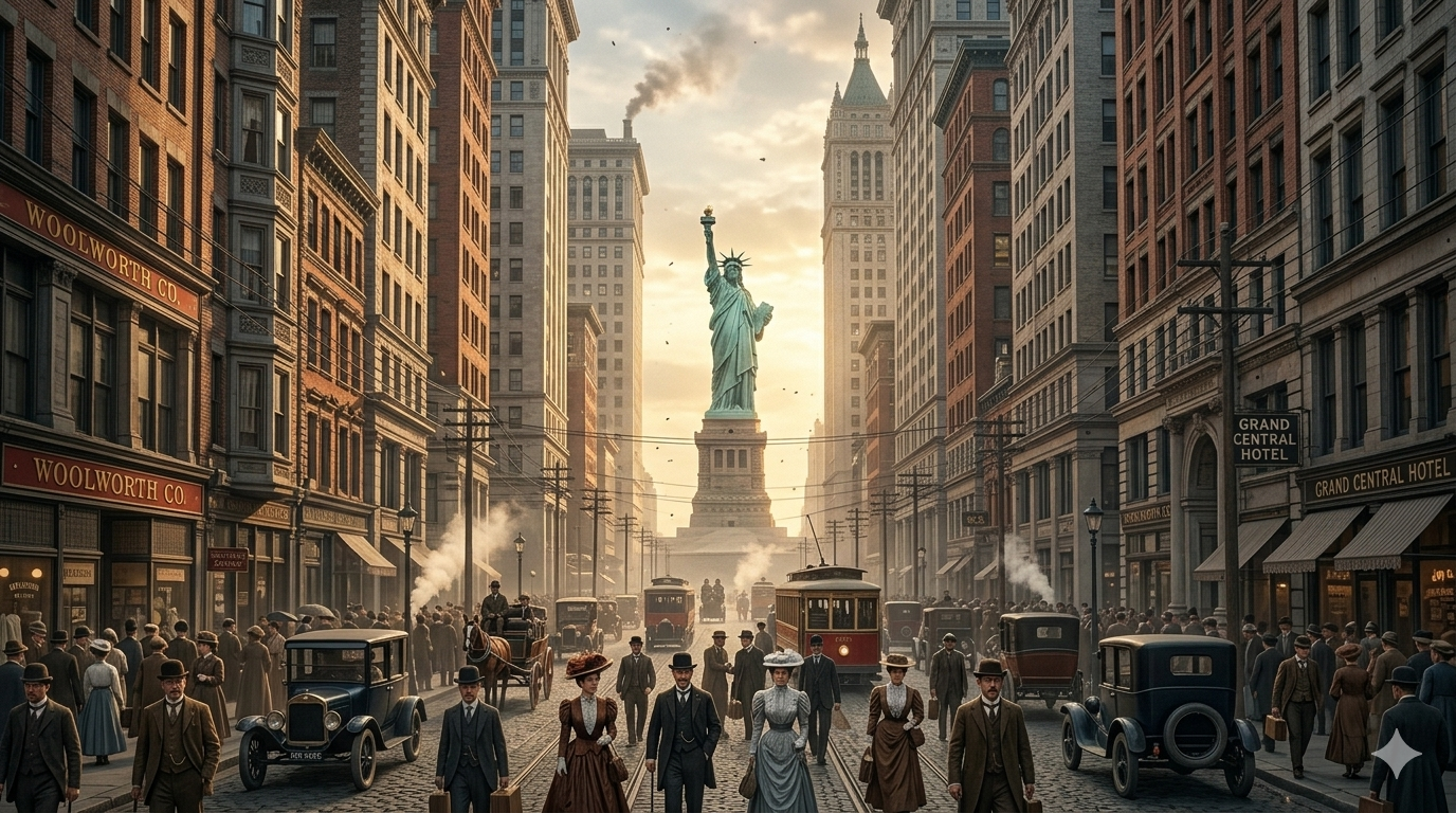 Hình ảnh đường phố New York với tượng Nữ Thần Tự Do vào thế kỷ trước