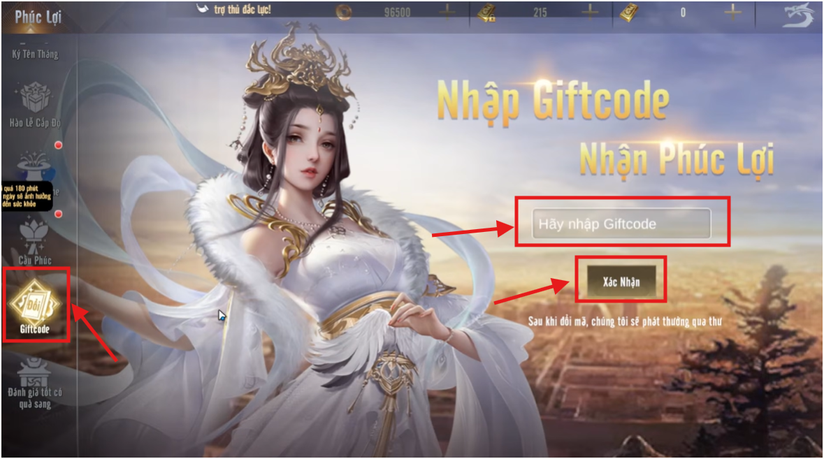 Chọn vào mục Giftcode, nhập code Hoàn Mỹ Tam Quốc và nhấn Xác Nhận