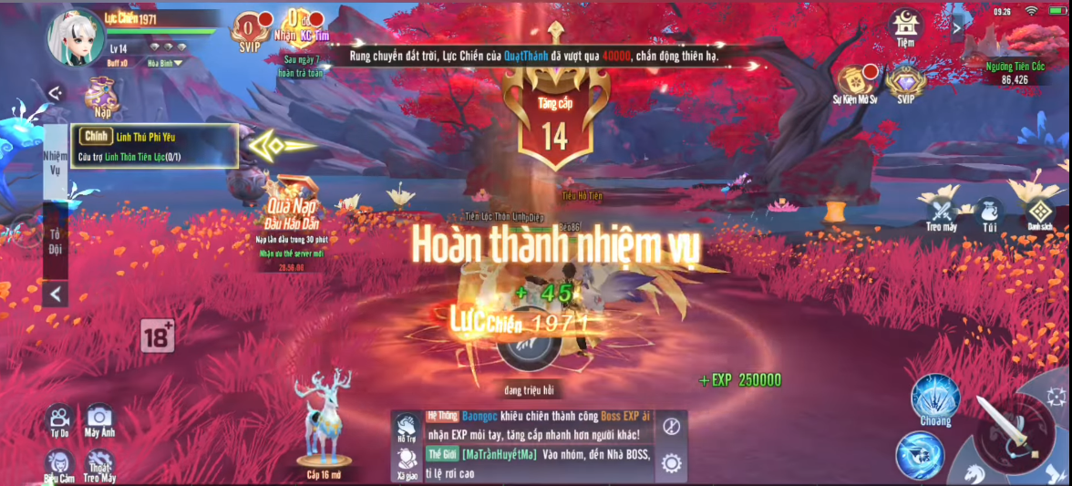 Hình ảnh nhân vật hoàn thành nhiệm vụ và đột phá lực chiến trong game Tiên Đạo Ta Độc Tôn.