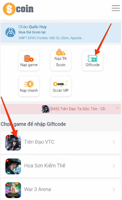 Truy cập vào website, chọn vào Game Tiên Đạo VTC và chọn vào mục Giftcode