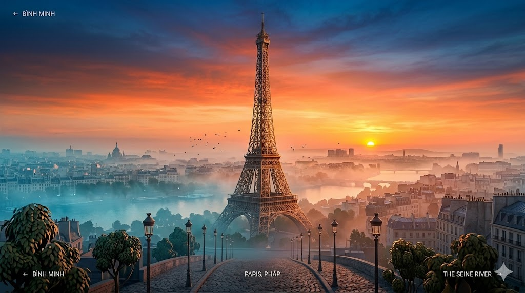 Bình minh trên Tháp Eiffel, Paris, Pháp