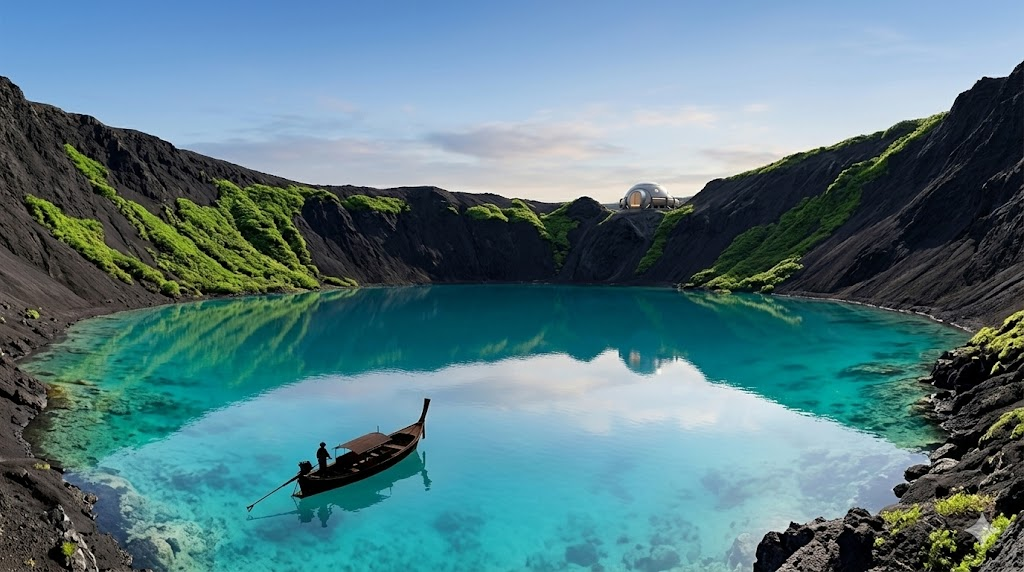 Cho thấy toàn cảnh miệng núi lửa tròn trịa và sự phản chiếu hoàn hảo của bầu trời và vách đá xuống mặt hồ bao la.