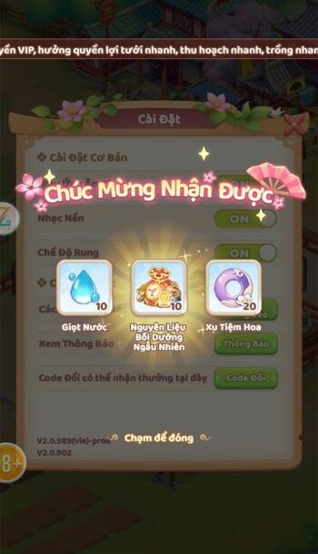 Màn hình hiển thị thông báo Chúc Mừng Nhận Được phần thưởng