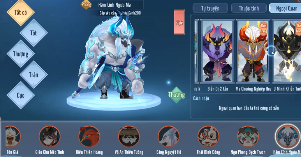 Giao diện hệ thống Thú Cưng (Pet) trong game Tiếu Ngạo Gamota, hiển thị ngoại quan Hãm Linh Ngưu Ma