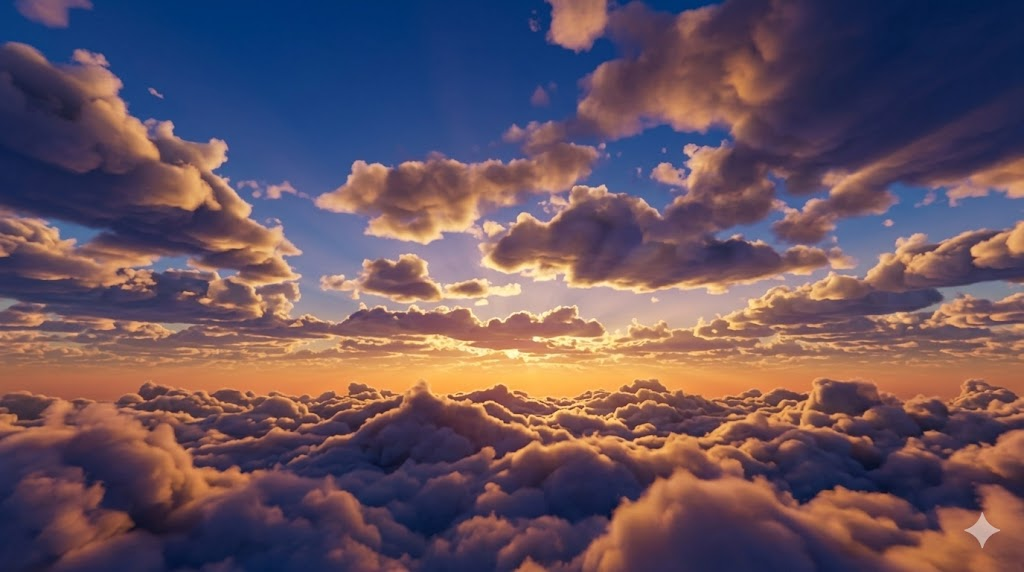 Trọng tâm là những đám mây tích (cumulus) được dựng hình nền 3D khối nổi, có chiều sâu, tương tác hoàn hảo với ánh sáng mặt trời lúc hoàng hôn (Vàng, Cam, Tím)
